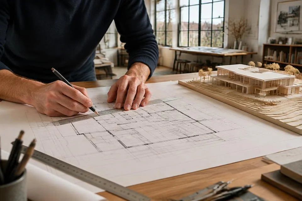 Architecte dessinant un plan à la règle, avec une maquette sur la table.