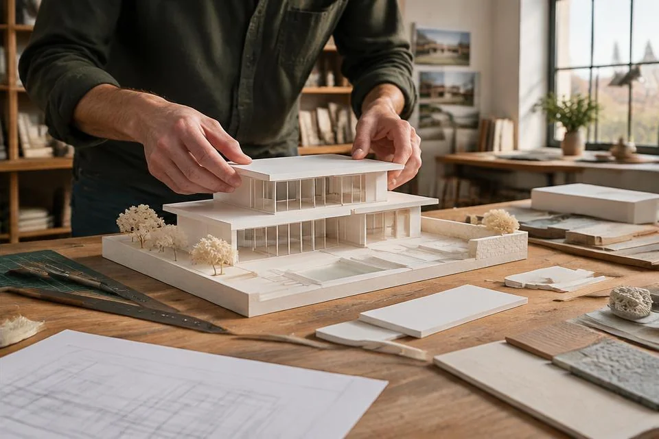Assemblage d’une maquette de maison dans un atelier d’architecture.
