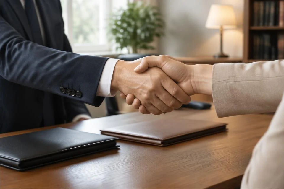 Poignée de main entre un avocat et son client au-dessus du bureau.