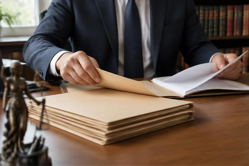 Avocat examinant des documents et dossiers dans un cabinet sobre.