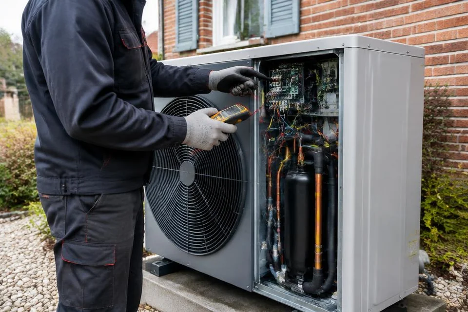 Chauffagiste contrôlant le panneau technique d’une pompe à chaleur extérieure.