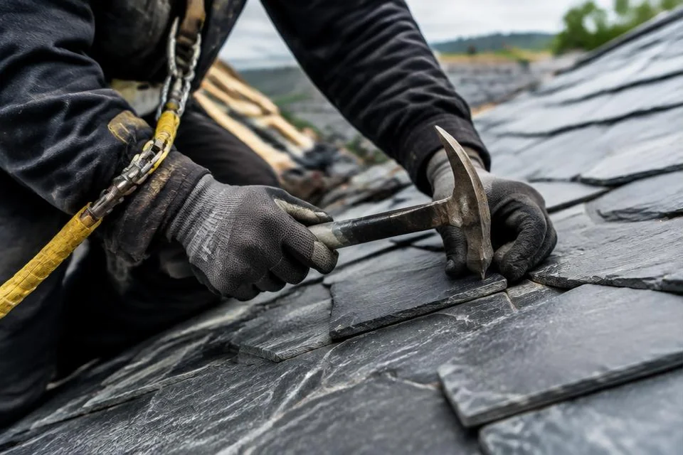 Mains d’un couvreur fixant des ardoises sur une toiture.