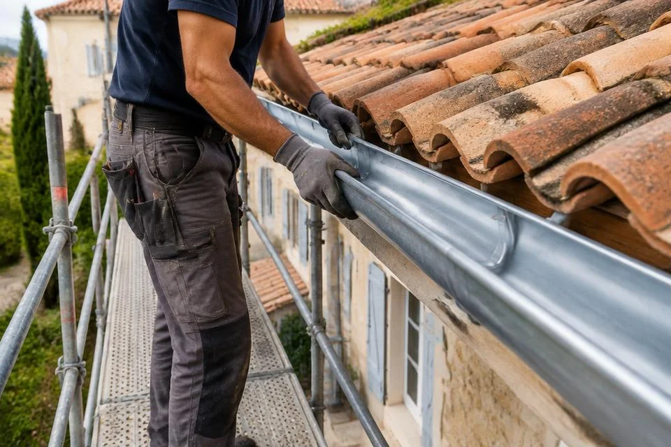 Couvreur installant une gouttière métallique au bord d’un toit en tuiles.
