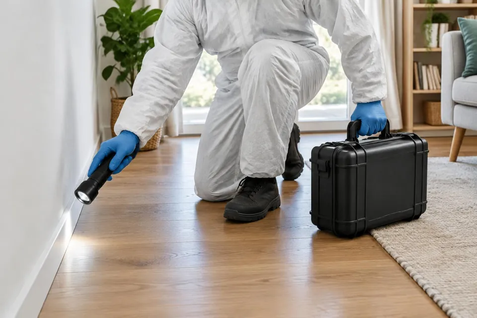 Technicien en tenue de protection inspectant une plinthe avec une lampe et une mallette.