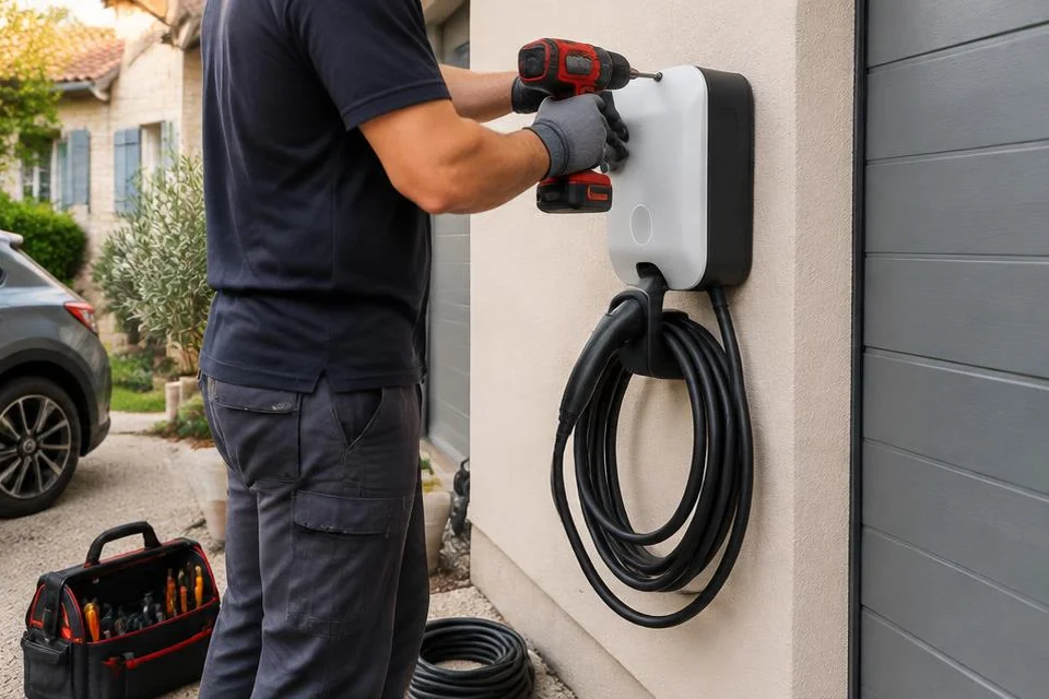 Pose d’une borne de recharge sur le mur extérieur d’un garage.