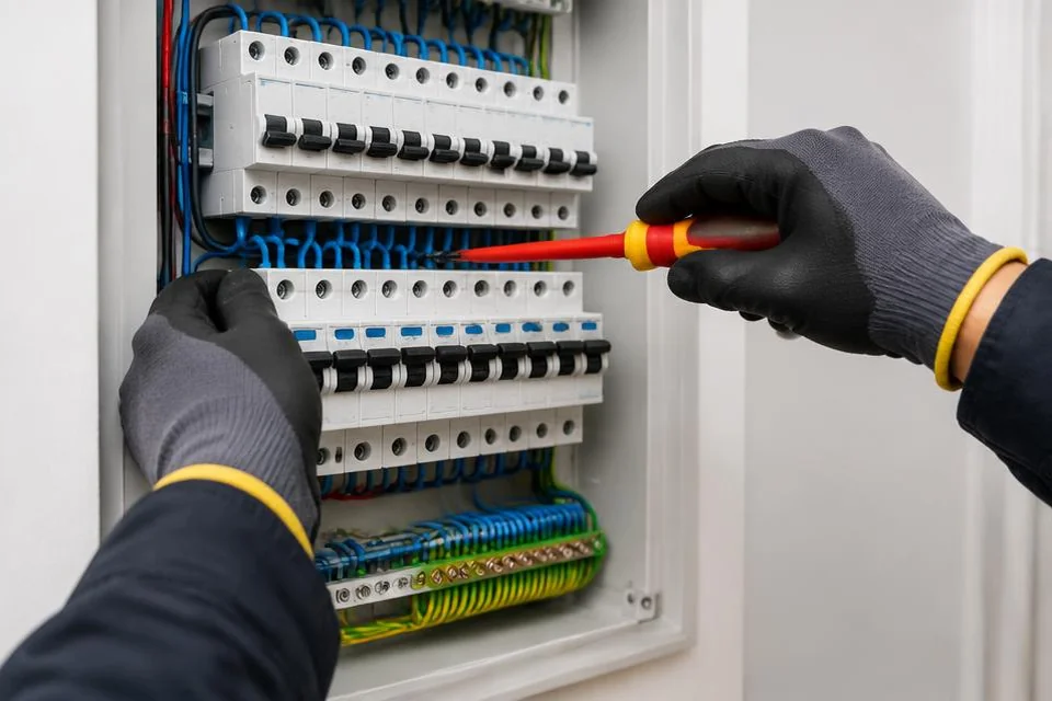 Électricien intervenant avec un tournevis isolé sur un tableau électrique.