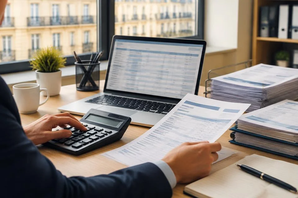 Expert-comptable utilisant une calculatrice et examinant des documents devant un ordinateur.