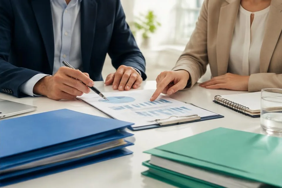 Analyse de documents financiers lors d’un échange avec un entrepreneur.