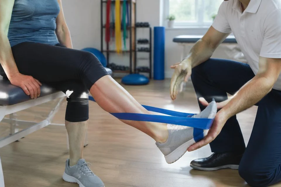 Exercice de rééducation de la cheville avec un élastique, accompagné par un kinésithérapeute.