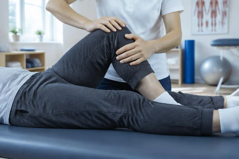 Kinésithérapeute accompagnant la flexion du genou d’un patient sur une table de soin.