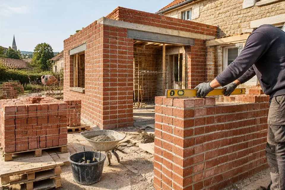 Construction d’une extension en briques et contrôle du mur au niveau.