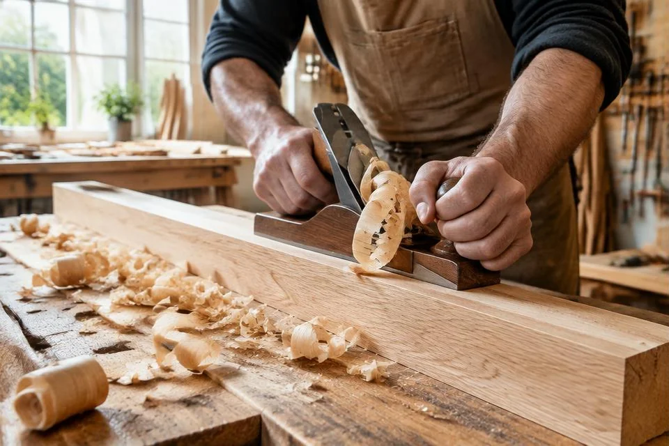Menuisier rabotant une planche de chêne sur un établi couvert de copeaux.