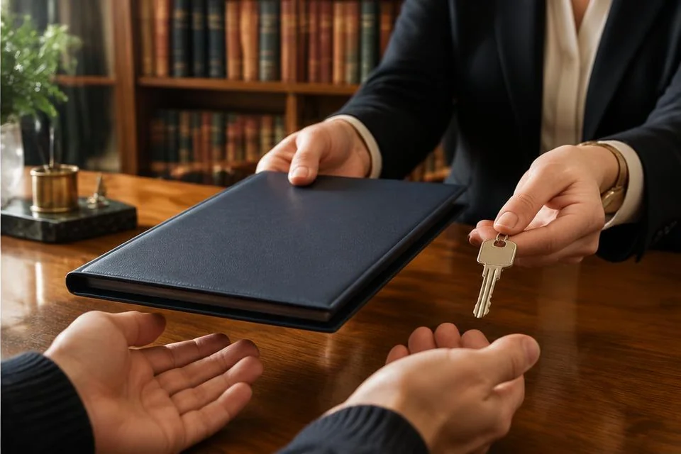 Présentation d’un dossier et d’une clé de maison dans une étude notariale.