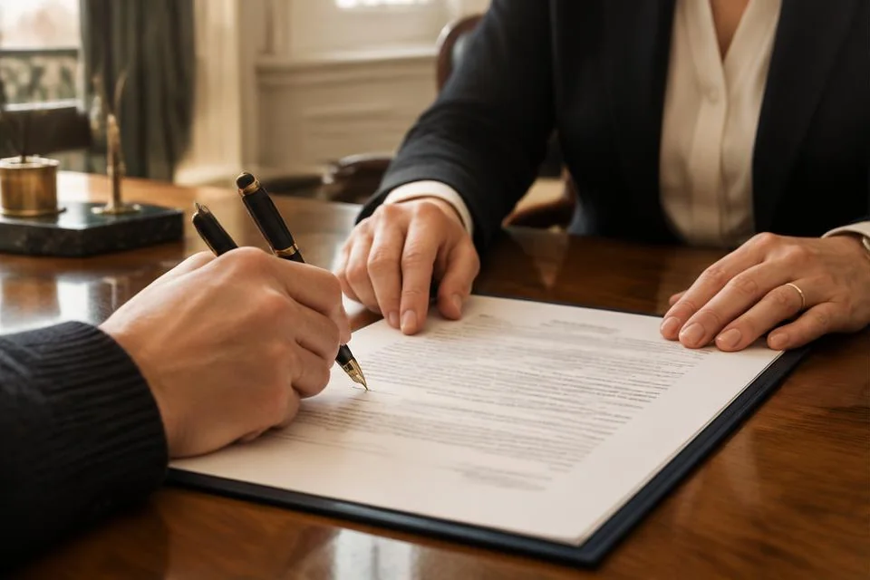 Signature d’un acte sur un bureau, guidée par les mains d’un notaire.