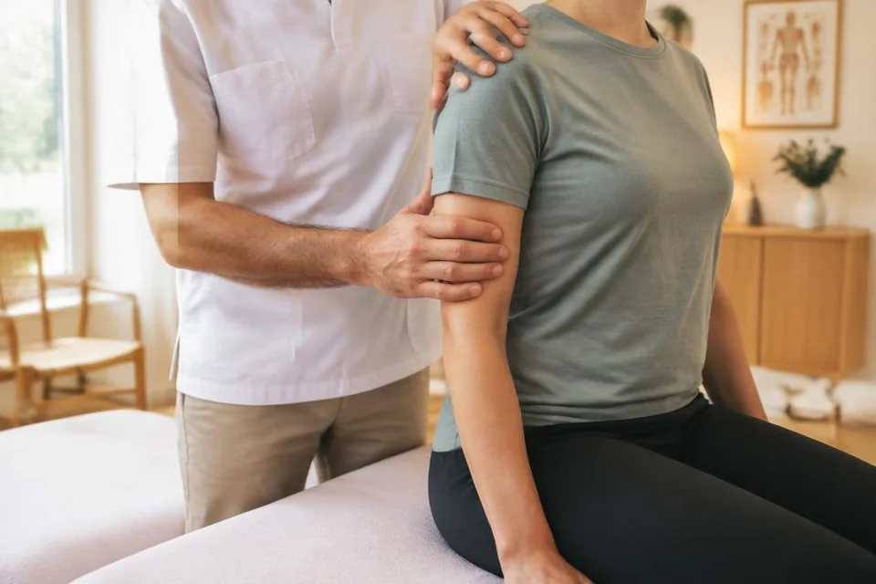 Ostéopathe évaluant doucement l’épaule d’une patiente assise.