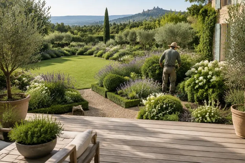 Jardin aménagé avec terrasse en bois, massifs fleuris et entretien des arbustes.