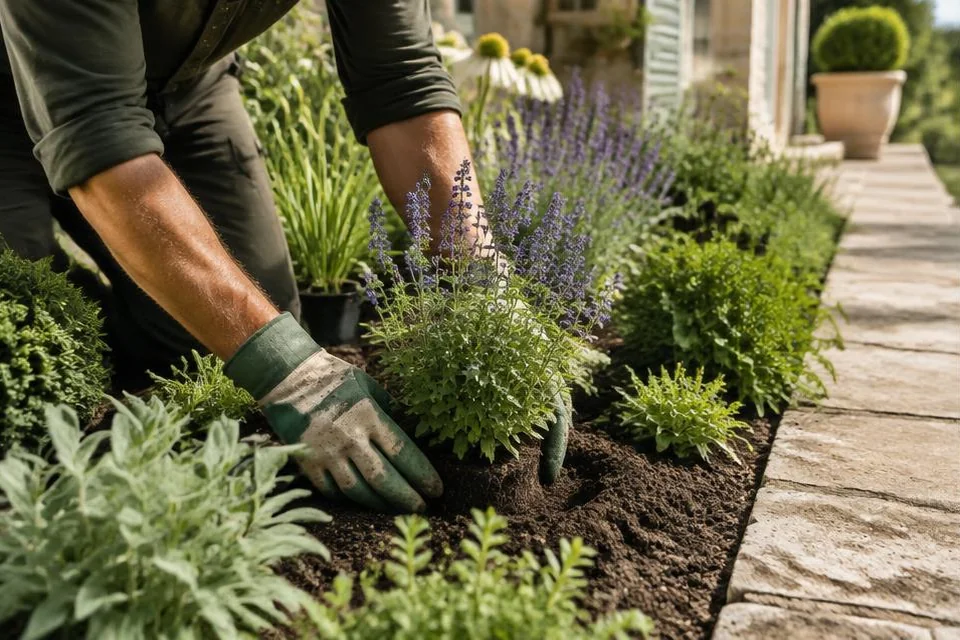 Paysagiste plantant des vivaces dans un massif en bordure de terrasse.