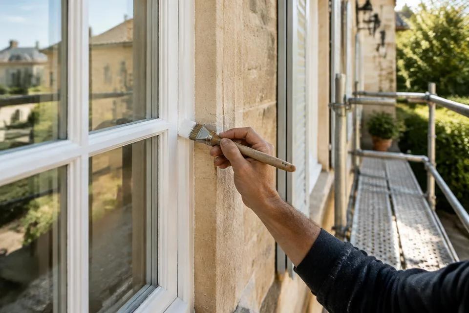 Travail au pinceau autour d’une fenêtre sur une façade.