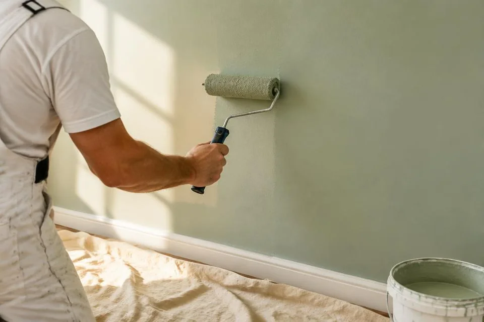 Peintre appliquant une peinture vert clair au rouleau sur un mur intérieur.