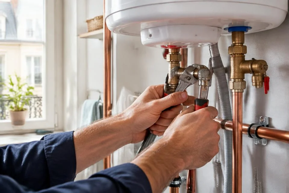 Mains d’un plombier resserrant les raccords sous un chauffe-eau.