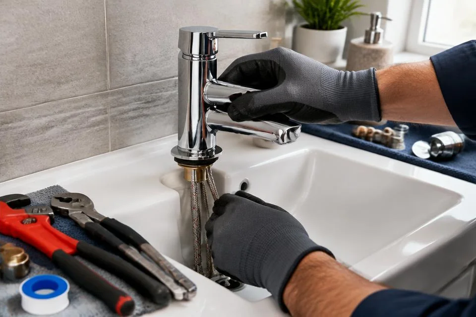 Installation d’un robinet de lavabo avec des outils de plomberie.